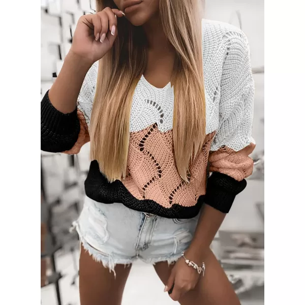 Dokotoo Womens 2023 Cute Elegant Soft Crewneck Long Sleeve Hollow Cable Knit Pullover Sweaters