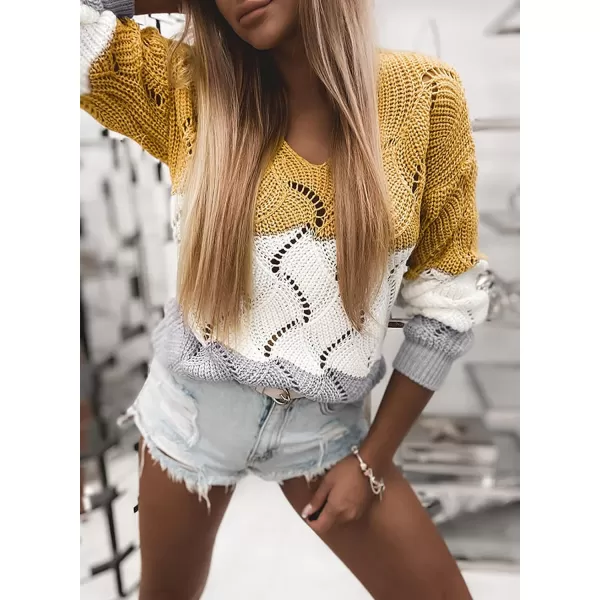 Dokotoo Womens 2023 Cute Elegant Soft Crewneck Long Sleeve Hollow Cable Knit Pullover Sweaters