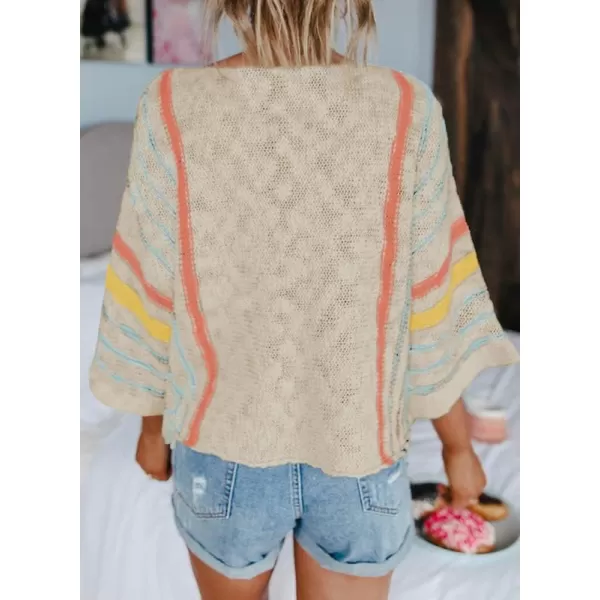 Dokotoo Womens 2023 Cute Summer Fall Color Block Striped Lightweight Comfy Cable Knit Beach Pullover Sweaters