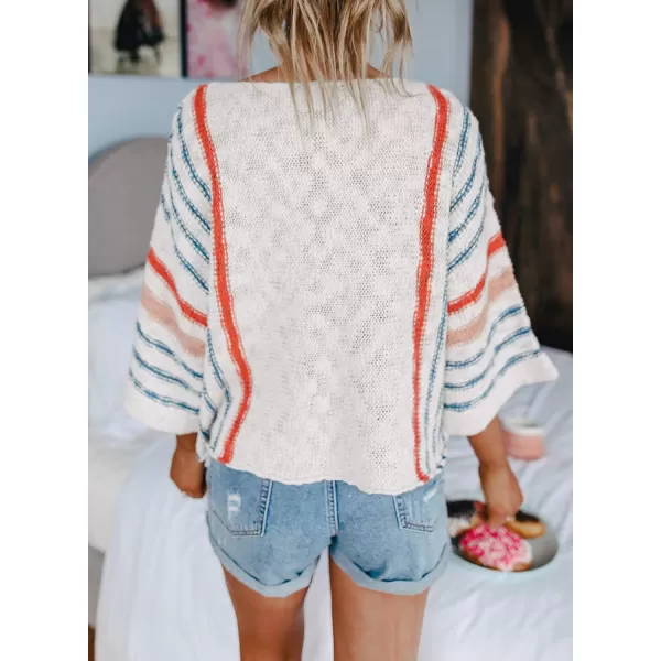 Dokotoo Womens 2023 Cute Summer Fall Color Block Striped Lightweight Comfy Cable Knit Beach Pullover Sweaters