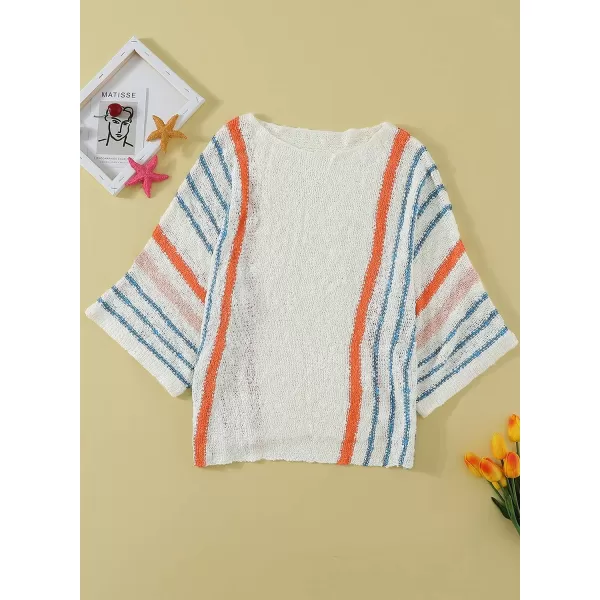 Dokotoo Womens 2023 Cute Summer Fall Color Block Striped Lightweight Comfy Cable Knit Beach Pullover Sweaters