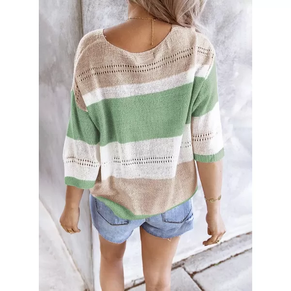 Dokotoo Womens 2023 Cute Summer Fall Color Block Striped Lightweight Comfy Cable Knit Beach Pullover Sweaters