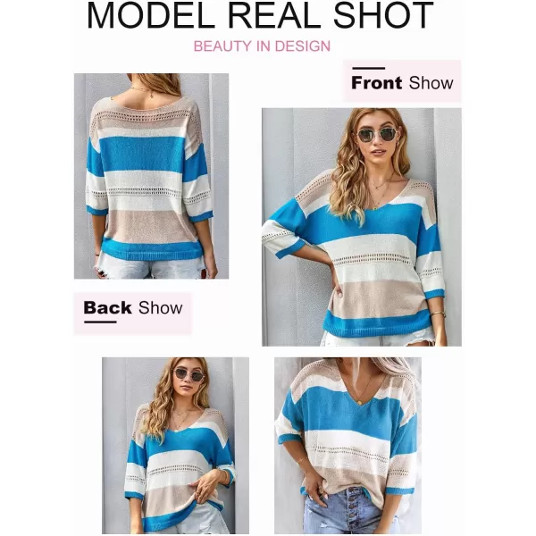 Dokotoo Womens 2023 Cute Summer Fall Color Block Striped Lightweight Comfy Cable Knit Beach Pullover Sweaters