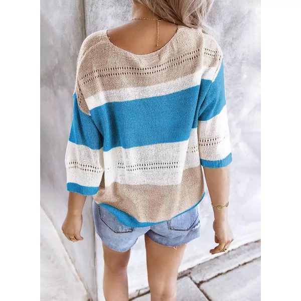 Dokotoo Womens 2023 Cute Summer Fall Color Block Striped Lightweight Comfy Cable Knit Beach Pullover Sweaters