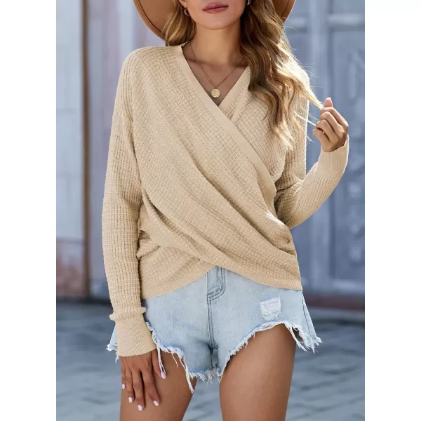 Dokotoo Womens 2023 Elegant Deep V Neck Wrap Long Sleeve Chunky Cable Knit Jumper Pullover Sweaters