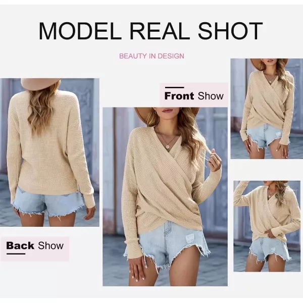 Dokotoo Womens 2023 Elegant Deep V Neck Wrap Long Sleeve Chunky Cable Knit Jumper Pullover Sweaters