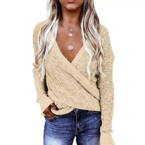 Dokotoo Womens 2023 Elegant Deep V Neck Wrap Long Sleeve Chunky Cable Knit Jumper Pullover Sweaters