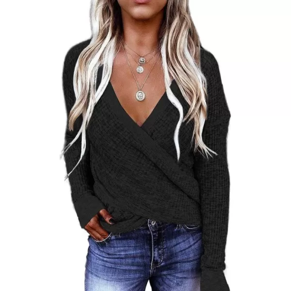 Dokotoo Womens 2023 Elegant Deep V Neck Wrap Long Sleeve Chunky Cable Knit Jumper Pullover Sweaters