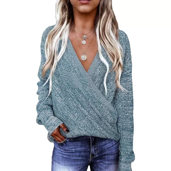Dokotoo Womens 2023 Elegant Deep V Neck Wrap Long Sleeve Chunky Cable Knit Jumper Pullover Sweaters