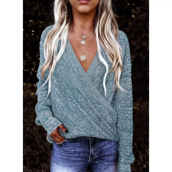 Dokotoo Womens 2023 Elegant Deep V Neck Wrap Long Sleeve Chunky Cable Knit Jumper Pullover Sweaters