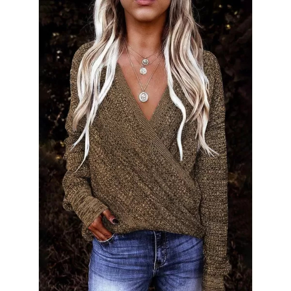 Dokotoo Womens 2023 Elegant Deep V Neck Wrap Long Sleeve Chunky Cable Knit Jumper Pullover Sweaters