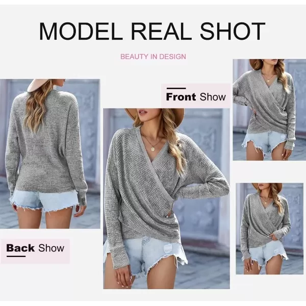 Dokotoo Womens 2023 Elegant Deep V Neck Wrap Long Sleeve Chunky Cable Knit Jumper Pullover Sweaters