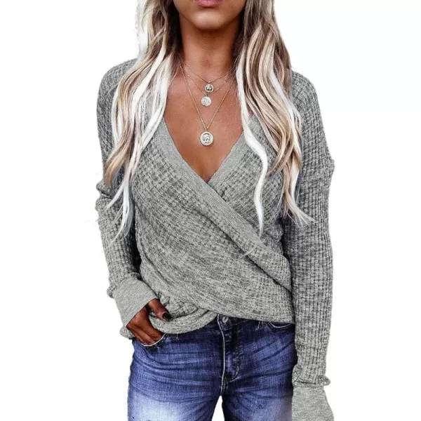 Dokotoo Womens 2023 Elegant Deep V Neck Wrap Long Sleeve Chunky Cable Knit Jumper Pullover Sweaters