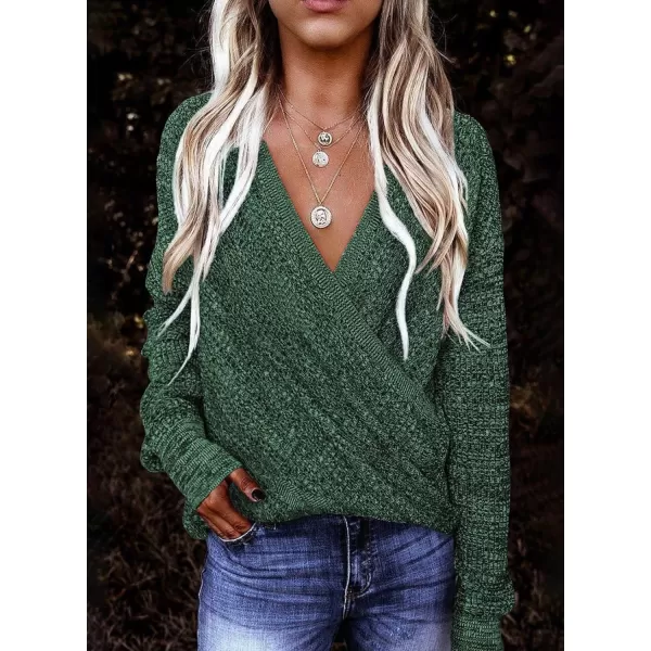 Dokotoo Womens 2023 Elegant Deep V Neck Wrap Long Sleeve Chunky Cable Knit Jumper Pullover Sweaters
