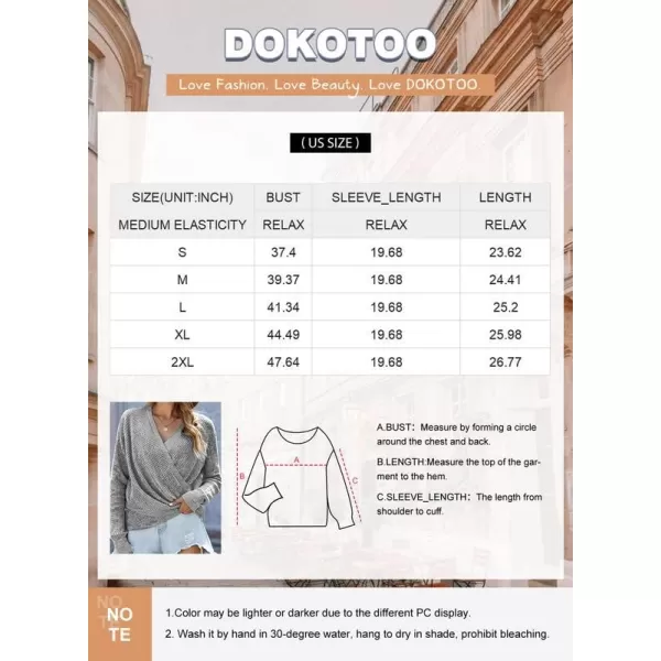 Dokotoo Womens 2023 Elegant Deep V Neck Wrap Long Sleeve Chunky Cable Knit Jumper Pullover Sweaters