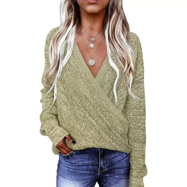 Dokotoo Womens 2023 Elegant Deep V Neck Wrap Long Sleeve Chunky Cable Knit Jumper Pullover Sweaters