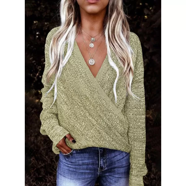 Dokotoo Womens 2023 Elegant Deep V Neck Wrap Long Sleeve Chunky Cable Knit Jumper Pullover Sweaters