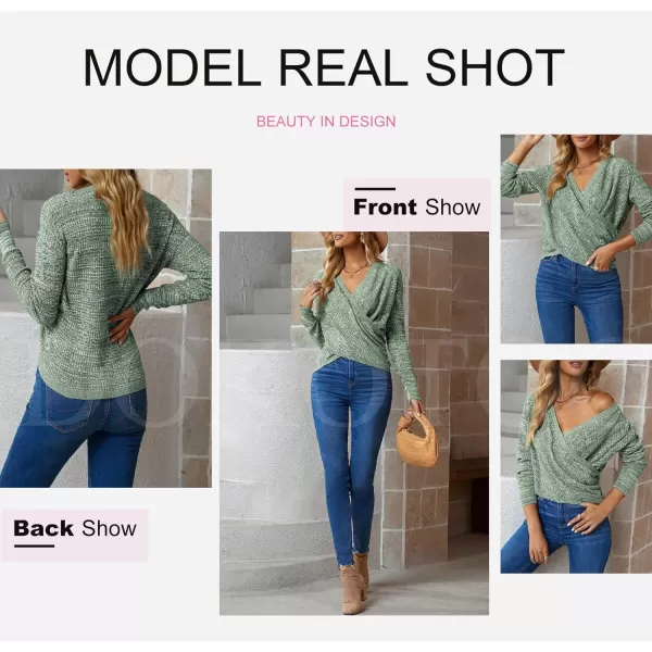 Dokotoo Womens 2023 Elegant Deep V Neck Wrap Long Sleeve Chunky Cable Knit Jumper Pullover Sweaters