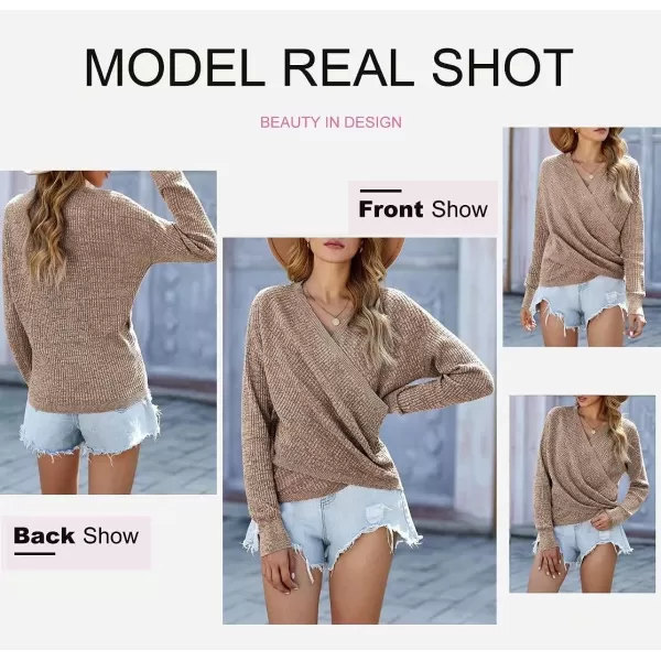 Dokotoo Womens 2023 Elegant Deep V Neck Wrap Long Sleeve Chunky Cable Knit Jumper Pullover Sweaters