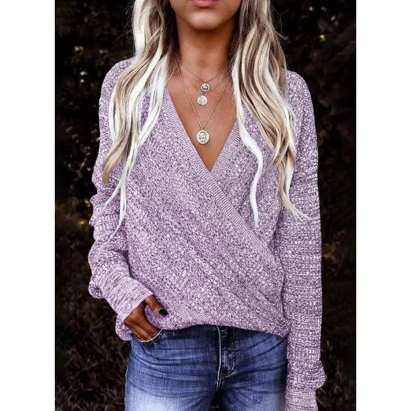 Dokotoo Womens 2023 Elegant Deep V Neck Wrap Long Sleeve Chunky Cable Knit Jumper Pullover Sweaters