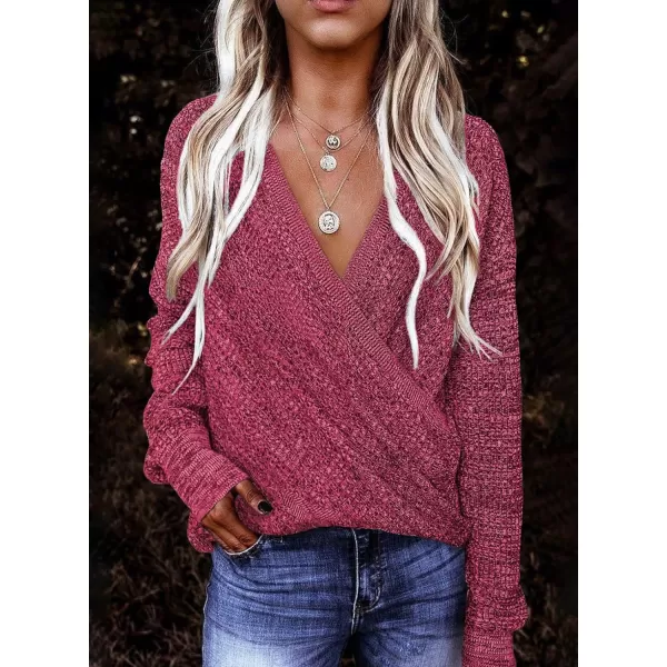 Dokotoo Womens 2023 Elegant Deep V Neck Wrap Long Sleeve Chunky Cable Knit Jumper Pullover Sweaters