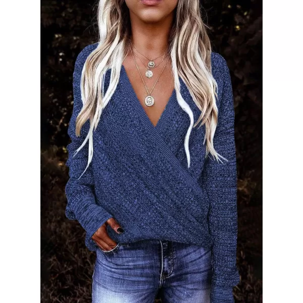 Dokotoo Womens 2023 Elegant Deep V Neck Wrap Long Sleeve Chunky Cable Knit Jumper Pullover Sweaters