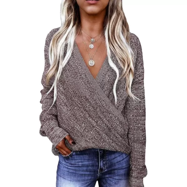 Dokotoo Womens 2023 Elegant Deep V Neck Wrap Long Sleeve Chunky Cable Knit Jumper Pullover Sweaters