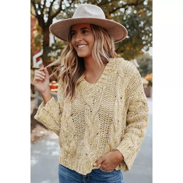 Dokotoo Womens 2023 Elegant Deep V Neck Wrap Long Sleeve Chunky Cable Knit Jumper Pullover Sweaters
