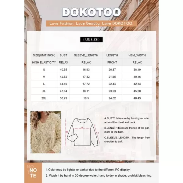 Dokotoo Womens 2023 Elegant Deep V Neck Wrap Long Sleeve Chunky Cable Knit Jumper Pullover Sweaters
