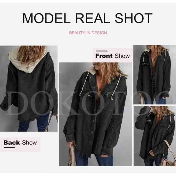 Dokotoo Womens 2023 Fall Corduroy Shacket Jacket Long Sleeve Button Down Color Block Hooded Coat with Pockets