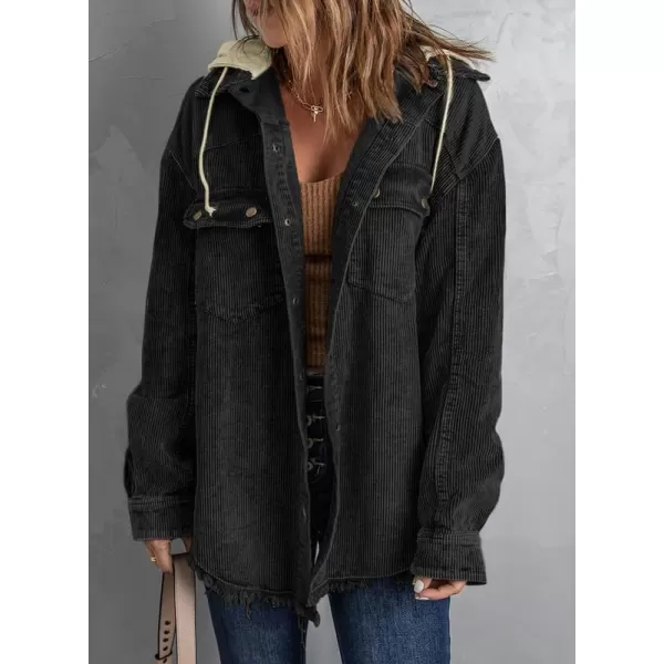 Dokotoo Womens 2023 Fall Corduroy Shacket Jacket Long Sleeve Button Down Color Block Hooded Coat with Pockets