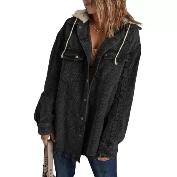 Dokotoo Womens 2023 Fall Corduroy Shacket Jacket Long Sleeve Button Down Color Block Hooded Coat with Pockets