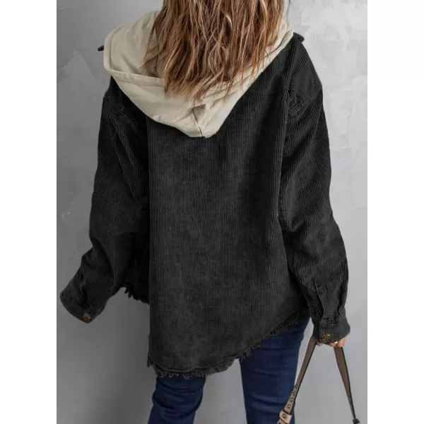 Dokotoo Womens 2023 Fall Corduroy Shacket Jacket Long Sleeve Button Down Color Block Hooded Coat with Pockets