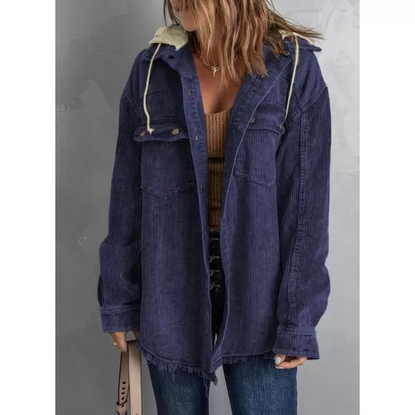 Dokotoo Womens 2023 Fall Corduroy Shacket Jacket Long Sleeve Button Down Color Block Hooded Coat with Pockets