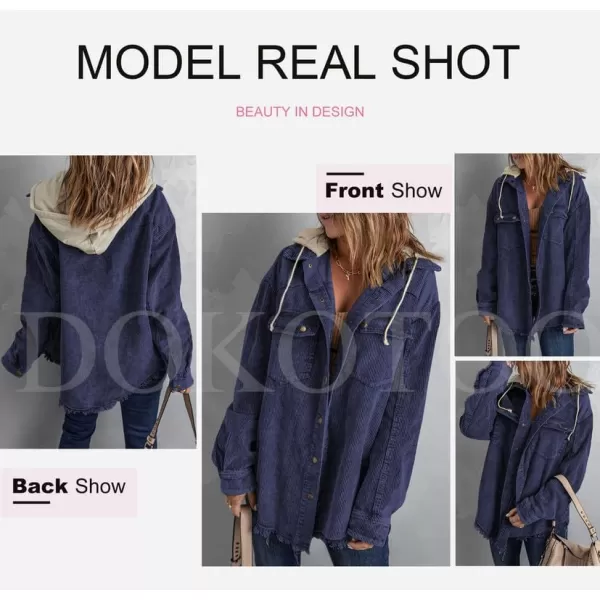 Dokotoo Womens 2023 Fall Corduroy Shacket Jacket Long Sleeve Button Down Color Block Hooded Coat with Pockets