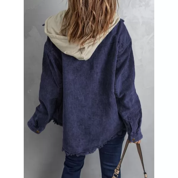 Dokotoo Womens 2023 Fall Corduroy Shacket Jacket Long Sleeve Button Down Color Block Hooded Coat with Pockets