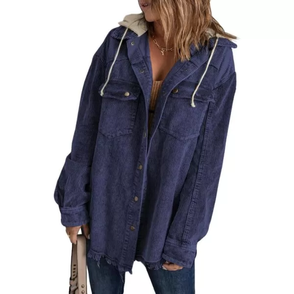 Dokotoo Womens 2023 Fall Corduroy Shacket Jacket Long Sleeve Button Down Color Block Hooded Coat with Pockets