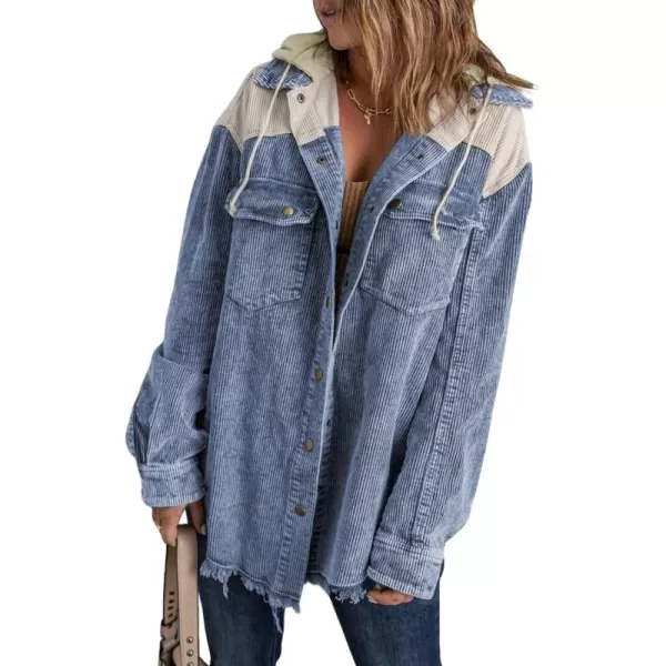 Dokotoo Womens 2023 Fall Corduroy Shacket Jacket Long Sleeve Button Down Color Block Hooded Coat with Pockets