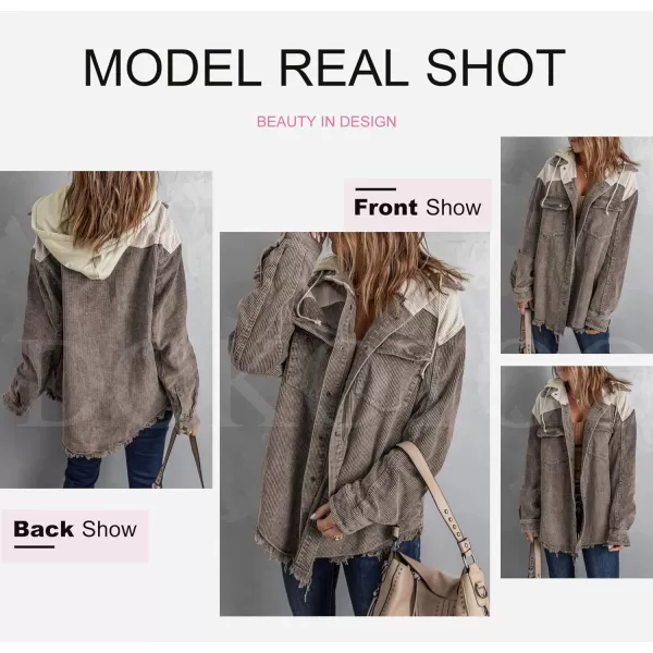 Dokotoo Womens 2023 Fall Corduroy Shacket Jacket Long Sleeve Button Down Color Block Hooded Coat with Pockets