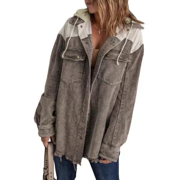 Dokotoo Womens 2023 Fall Corduroy Shacket Jacket Long Sleeve Button Down Color Block Hooded Coat with Pockets