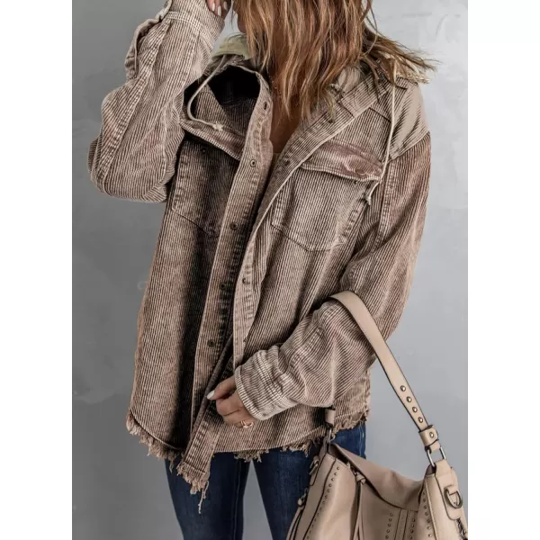 Dokotoo Womens 2023 Fall Corduroy Shacket Jacket Long Sleeve Button Down Color Block Hooded Coat with Pockets