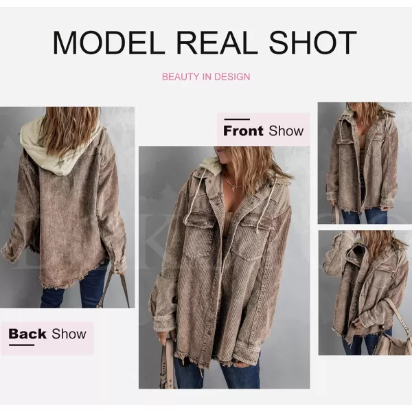 Dokotoo Womens 2023 Fall Corduroy Shacket Jacket Long Sleeve Button Down Color Block Hooded Coat with Pockets