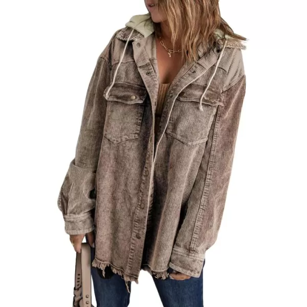 Dokotoo Womens 2023 Fall Corduroy Shacket Jacket Long Sleeve Button Down Color Block Hooded Coat with Pockets