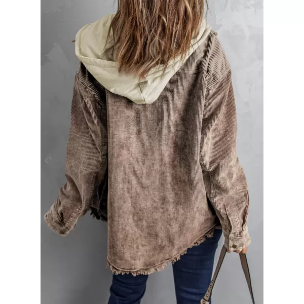 Dokotoo Womens 2023 Fall Corduroy Shacket Jacket Long Sleeve Button Down Color Block Hooded Coat with Pockets