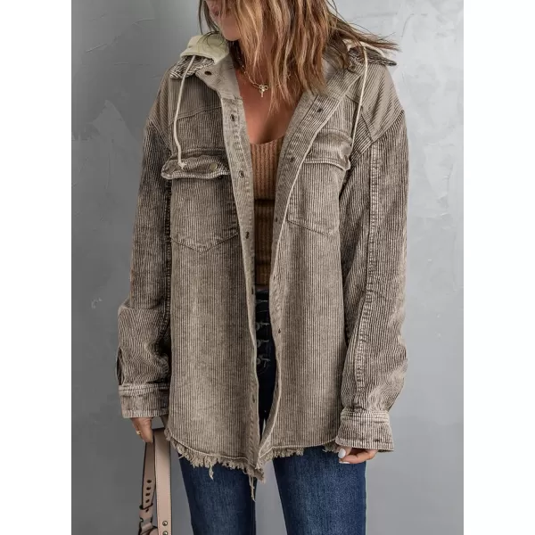 Dokotoo Womens 2023 Fall Corduroy Shacket Jacket Long Sleeve Button Down Color Block Hooded Coat with Pockets