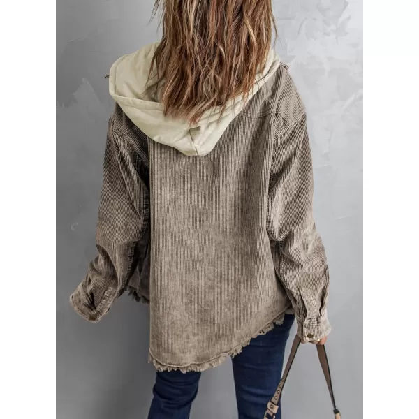 Dokotoo Womens 2023 Fall Corduroy Shacket Jacket Long Sleeve Button Down Color Block Hooded Coat with Pockets