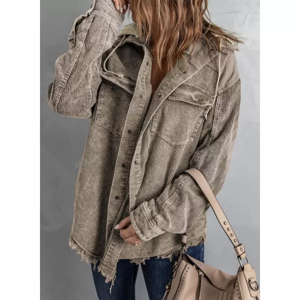 Dokotoo Womens 2023 Fall Corduroy Shacket Jacket Long Sleeve Button Down Color Block Hooded Coat with Pockets