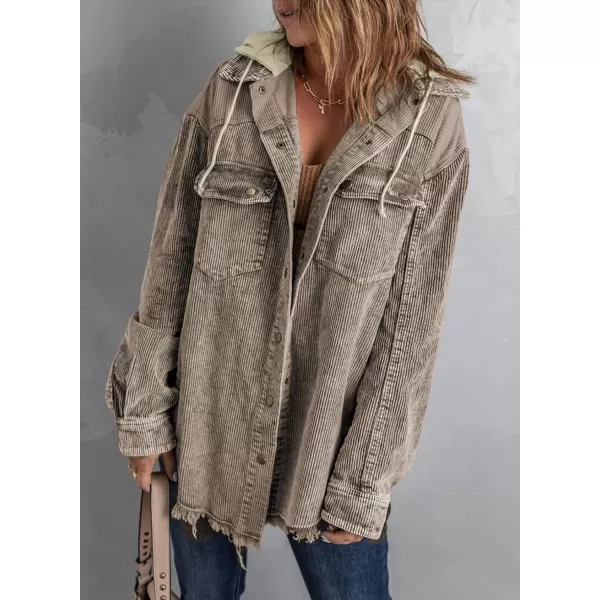 Dokotoo Womens 2023 Fall Corduroy Shacket Jacket Long Sleeve Button Down Color Block Hooded Coat with Pockets