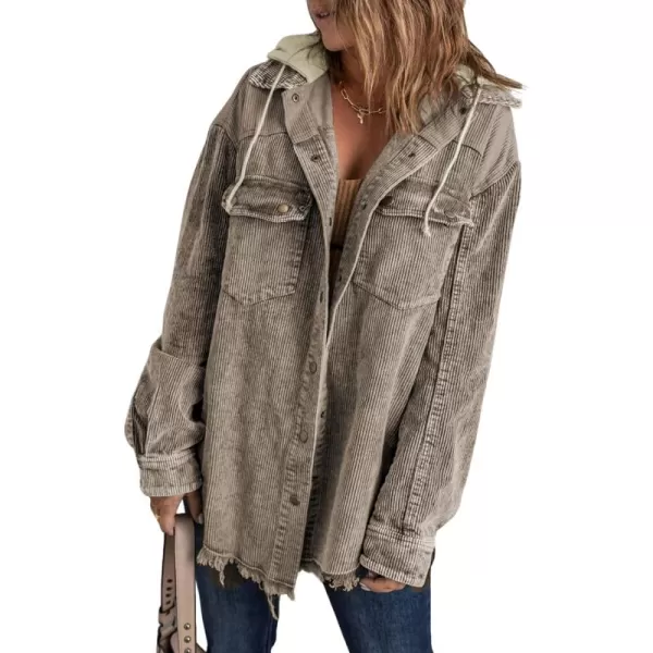 Dokotoo Womens 2023 Fall Corduroy Shacket Jacket Long Sleeve Button Down Color Block Hooded Coat with Pockets