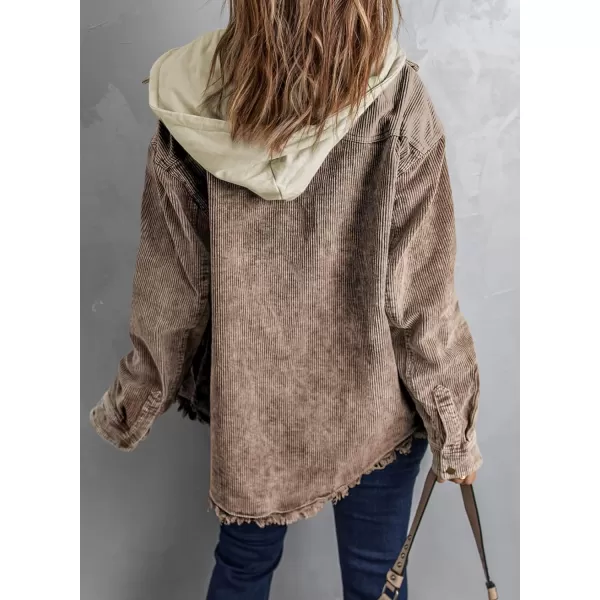 Dokotoo Womens 2023 Fall Corduroy Shacket Jacket Long Sleeve Button Down Color Block Hooded Coat with Pockets